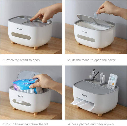 Ecoco Tissue Box with Multifunctional Storage Organizer | Desktop Tissue Holder & Remote Control Storage Box