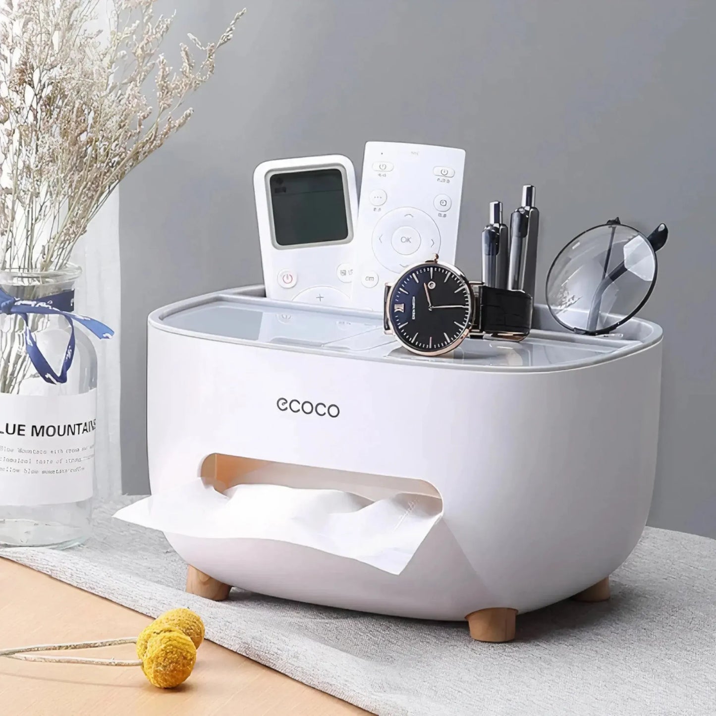 Ecoco Tissue Box with Multifunctional Storage Organizer | Desktop Tissue Holder & Remote Control Storage Box