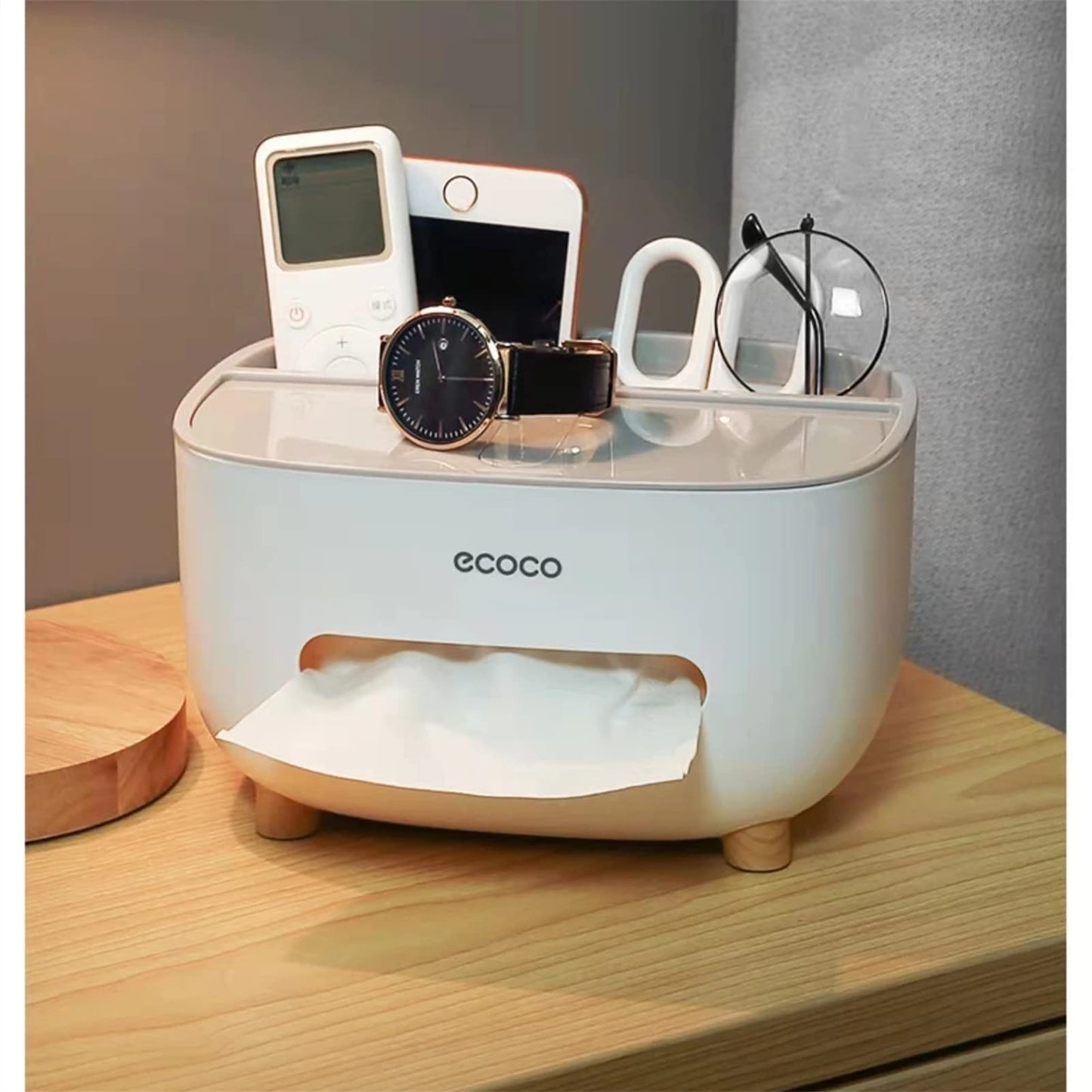 Ecoco Tissue Box with Multifunctional Storage Organizer | Desktop Tissue Holder & Remote Control Storage Box